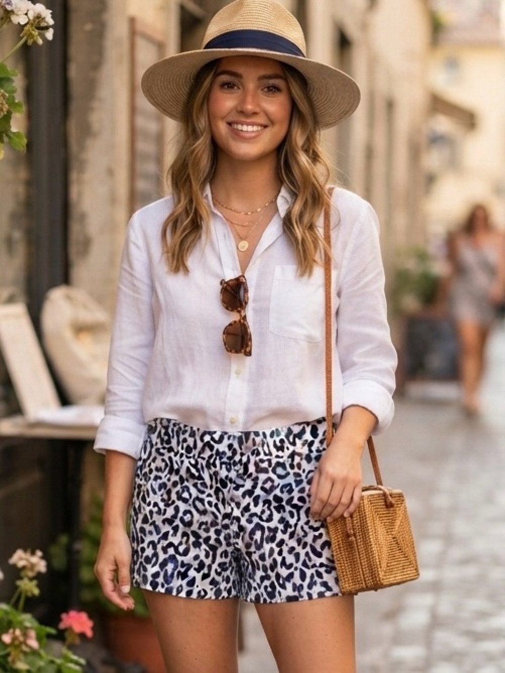 J.Crew Stretch Animal Print Shorts Blue White Leopard Cheetah Cotton Preppy Chic